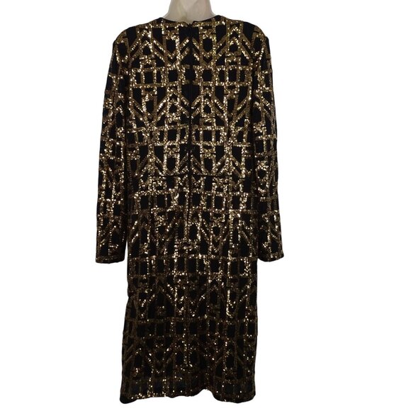 Calvin Klein Black Gold Sequins V-Neck Party Dress Women Size 14 Long Sleeve - Picture 4 of 16